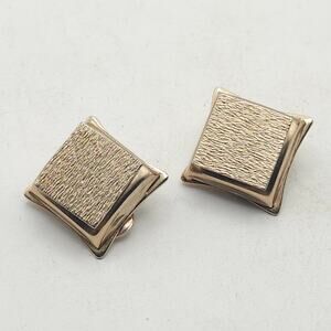 Gold Tone Textured Square Clip On Earrings Geometric Retro Mid Century Mod Pair